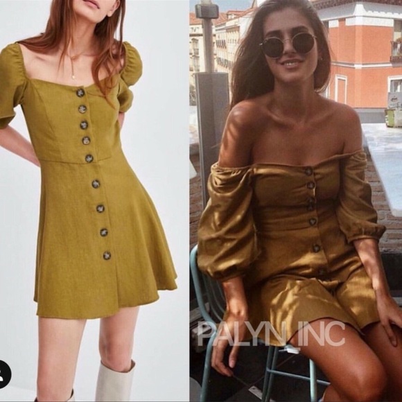 Zara Linen Mini Dress Puff Sleeves & Buttons - Picture 9 of 9